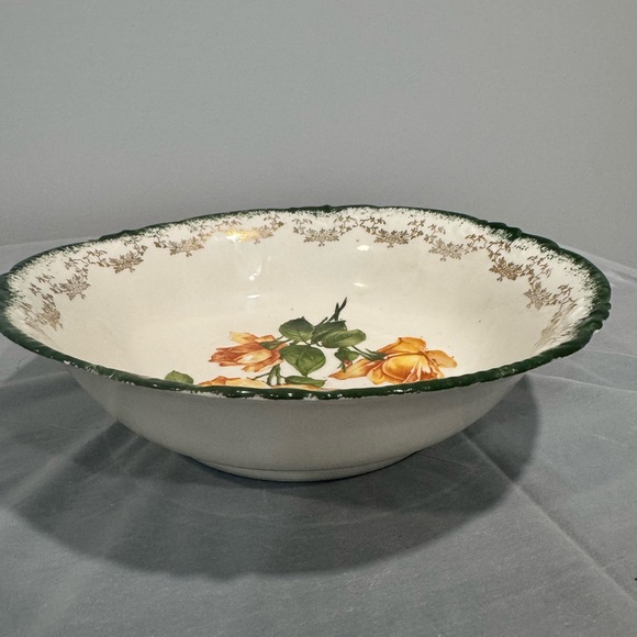 Vintage Germany Porcelain Bowl | Hand Painted Roses Green Gold Rim - Picture 2 of 5